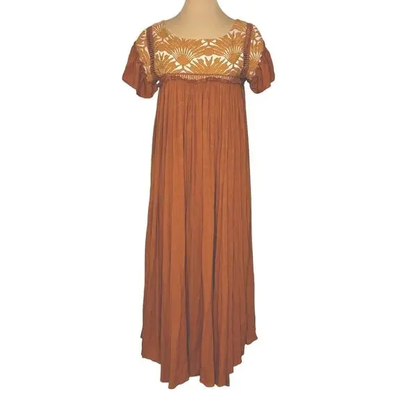 FREE PEOPLE Vintage Charm Relaxed Fit Flowy Embroidered Ruffled Midi Dress Sz XS - Picture 3 of 15